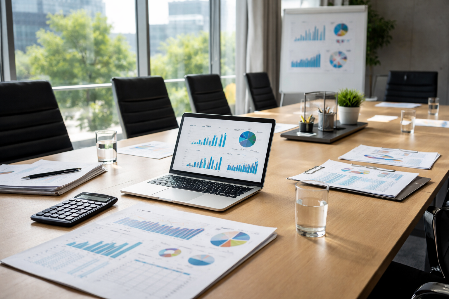 Stół konferencyjny z dokumentami i wykresami symbolizującymi proces restrukturyzacji firmy